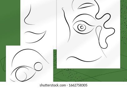 Trendy design templates with portrait woman in abstract one line graphic style. Contemporary background. Hand drawn vector art. Modern wall art, print or poster mock up with shadow overlay.