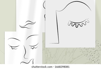Trendy design templates with portrait woman in abstract one line graphic style. Contemporary background. Hand drawn vector art. Modern wall art, print or poster mock up with shadow overlay.