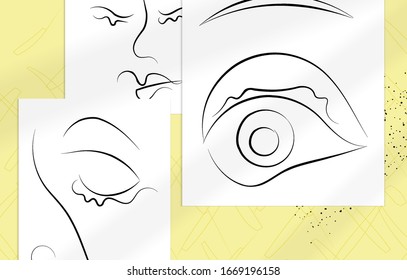 Trendy design templates with portrait woman in abstract one line graphic style. Contemporary background. Hand drawn vector art. Modern wall art, print or poster mock up with shadow overlay.
