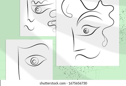 Trendy design templates with portrait woman in abstract one line graphic style. Contemporary background. Hand drawn vector art. Modern wall art, print or poster mock up with shadow overlay.