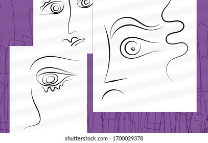 Trendy design templates with portrait woman in abstract one line graphic style. Contemporary background. Hand drawn vector art. Modern wall art, print or poster mock up with shadow overlay.