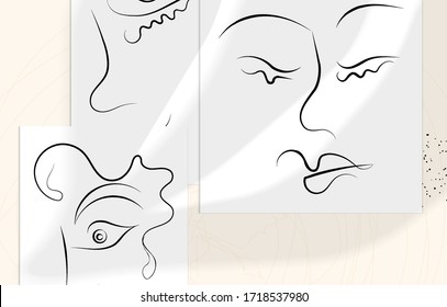 Trendy design templates with portrait woman in abstract one line graphic style. Contemporary background. Hand drawn vector art. Modern wall art, print or poster mock up with shadow overlay.