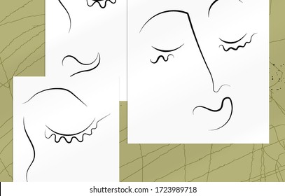 Trendy design templates with portrait woman in abstract one line graphic style. Contemporary background. Hand drawn vector art. Modern wall art, print or poster mock up with shadow overlay.