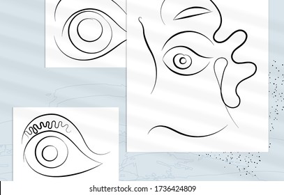 Trendy design templates with portrait woman in abstract one line graphic style. Contemporary background. Hand drawn vector art. Modern wall art, print or poster mock up with shadow overlay.