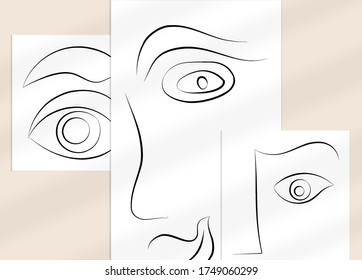 Trendy design templates with portrait woman in abstract one line graphic style. Contemporary background. Hand drawn vector art. Modern wall art, print or poster mock up with shadow overlay.