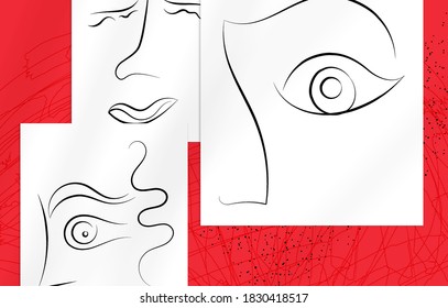 Trendy design templates with portrait woman in abstract one line graphic style. Contemporary background. Hand drawn vector art. Modern wall art, print or poster mock up with shadow overlay.