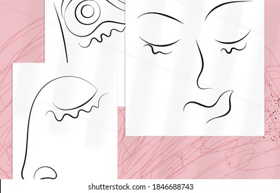 Trendy design templates with portrait woman in abstract one line graphic style. Contemporary background. Hand drawn vector art. Modern wall art, print or poster mock up with shadow overlay.