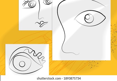 Trendy design templates with portrait woman in abstract one line graphic style. Contemporary background. Hand drawn vector art. Modern wall art, print or poster mock up with shadow overlay.