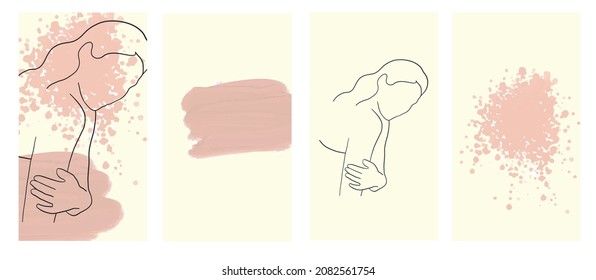 Trendy design templates for stories. Hand drawn linear silhouette of a woman beautiful figure in a swimsuit or underwear.