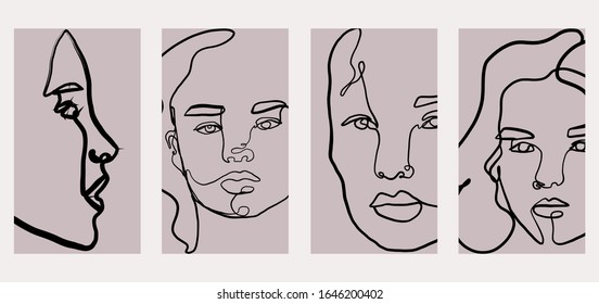 Trendy design templates for stories with portrait woman in abstract one line graphic style. Contemporary background for social media. Hand drawn vector
