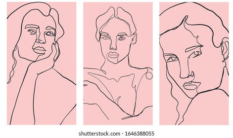 Trendy design templates for stories with portrait woman in abstract one line graphic style. Contemporary background for social media. Hand drawn vector