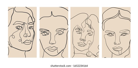 Trendy design templates for stories with portrait woman in abstract one line graphic style. Contemporary background for social media. Hand drawn vector
