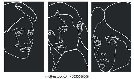 Trendy design templates for stories with portrait woman in abstract one line graphic style. Contemporary background for social media. Hand drawn vector
