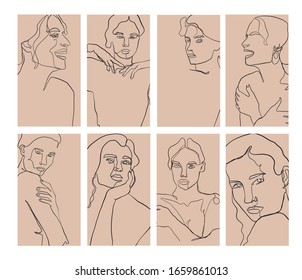 Trendy design templates for stories with portrait woman in abstract one line graphic style. Contemporary background for social media. Hand drawn vector