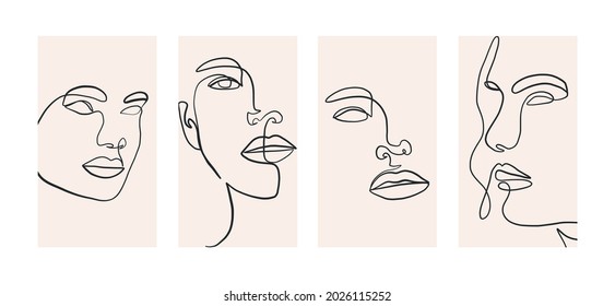 Trendy design templates for stories with portrait woman in abstract one continuous line graphic style. Contemporary background for social media. Hand drawn vector