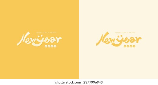 Trendy design typography for 2024 Happy New Year on bright background. Design templates with cute lettering, smiley face and flower for new year new beginning