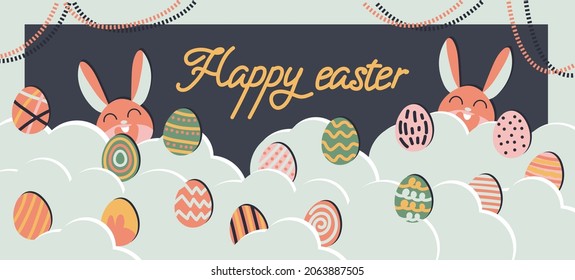 Trendy design with typography, dots, eggs and bunny, in pastel colors. Set of abstract easter backgrounds for social media, stories, banners, greeting cards, poster, greeting card, header for website