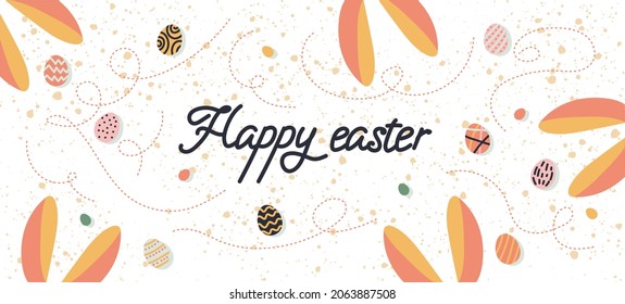 Diseño de moda con tipografía, puntos, huevos y conejo, en tonos pastel. Conjunto de antecedentes abstractos de Pascua para medios sociales, historias, banners, tarjetas de felicitación, afiche, tarjeta de saludo, encabezado para sitio web