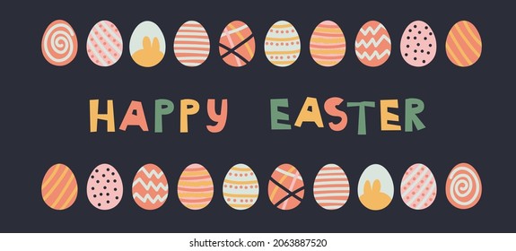 Trendy design with typography, dots, eggs and bunny, in pastel colors. Set of abstract easter backgrounds for social media, stories, banners, greeting cards, poster, greeting card, header for website