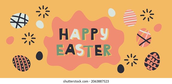 Diseño de moda con tipografía, puntos, huevos y conejo, en tonos pastel. Conjunto de antecedentes abstractos de Pascua para medios sociales, historias, banners, tarjetas de felicitación, afiche, tarjeta de saludo, encabezado para sitio web