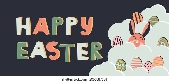 Diseño de moda con tipografía, puntos, huevos y conejo, en tonos pastel. Conjunto de antecedentes abstractos de Pascua para medios sociales, historias, banners, tarjetas de felicitación, afiche, tarjeta de saludo, encabezado para sitio web