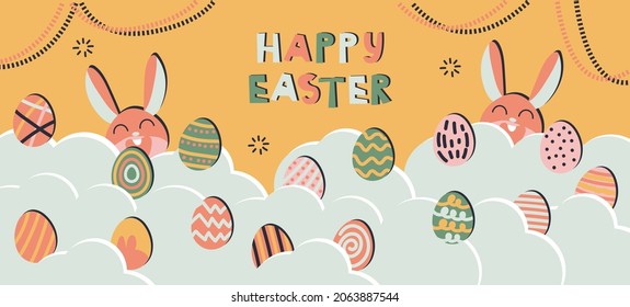 Diseño de moda con tipografía, puntos, huevos y conejo, en tonos pastel. Conjunto de antecedentes abstractos de Pascua para medios sociales, historias, banners, tarjetas de felicitación, afiche, tarjeta de saludo, encabezado para sitio web