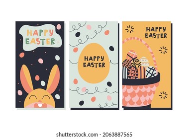 Trendy design with typography, dots, eggs and bunny, in pastel colors. Set of abstract easter backgrounds for social media stories, banners, greeting cards, posters, holiday covers.