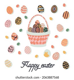 Trendy design with typography, dots, eggs and bunny, in pastel colors. Set of abstract easter backgrounds for social media, stories, banners, greeting cards, poster, greeting card
