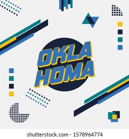 Trendy design of word Oklahoma, America in blue and yellow on top of grey background