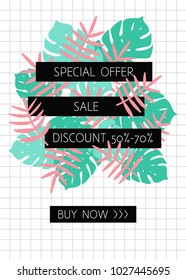 Trendy design.summer Sale template poster. Vector web banner with tropical leaves