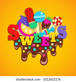 Trendy desserts sweets candies lollies fastfood favorites delicious colorful composition on melted chocolate fudge frosting vector illustration  