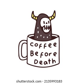 Trendy Devil skull inside a cup of coffee, illustration for t-shirt, street wear, sticker, or apparel merchandise. With retro, and cartoon style.