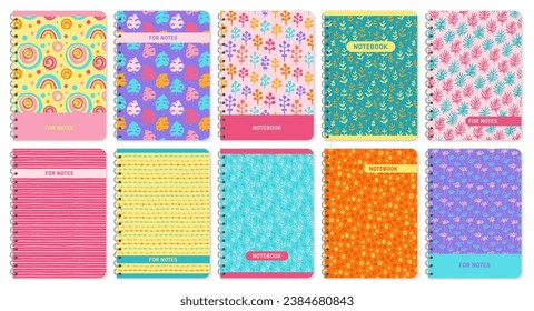 Trendy diary covers set. Notebook abstract and floral doodle ornament. Grungy design page template for planner, textbook book, daily planner or copybook organizer. Vector clipart isolated illustration
