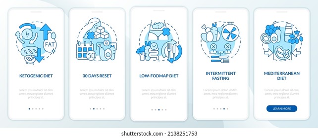 Trendy diets blue onboarding mobile app screen. Healthy nutrition walkthrough 5 steps graphic instructions pages with linear concepts. UI, UX, GUI template. Myriad Pro-Bold, Regular fonts used