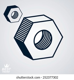La tuerca de la industria dimensional de moda aislada en fondo blanco, incluye versión adicional. Utensil de ingeniería realista, icono de idea de manufactura.