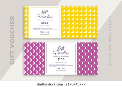 Trendy discount coupon or certificate template with creative geometric pattern. Elegant artistic gift card mockup. Clean and simple vector editable background with sample text. EPS10