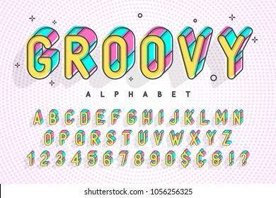 Trendy display font popart design, alphabet, letters and numbers. Swatch color control