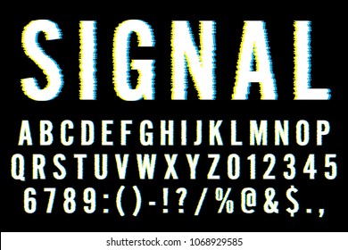 Trendy Distorted Glitch Font Typeface Letters, Numbers and Symbols Vector Illustration