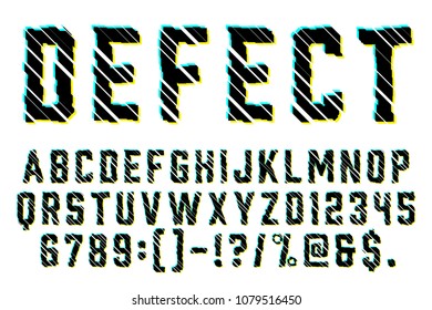Trendy Distorted Glitch Font Typeface Letters, Numbers and Symbols Vector Illustration