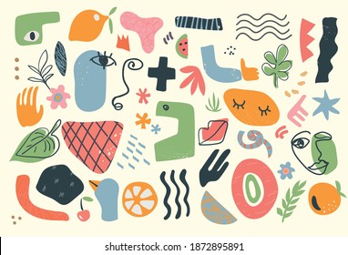 Trendy doodle abstract nature icons isolated on white background. Childish cartoon organic shapes. Freehand art with people faces, floral art, tropical summer blob set.