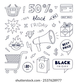 Trendy doodle Black Friday sale set. Hand drawn package, present box, basket, discount tags for shopping with big price off. Cool clipart with outline for business, store, market, internet sale