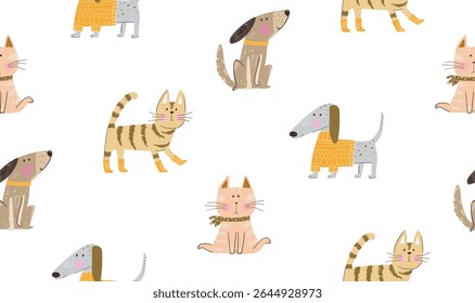 Trendy doodle dogs and cats in a pencil hand drawn cartoon style. Seamless vector pattern design for kids, children stylish textile and stationary. Artistic hand drawn pets dogs and cats vector design