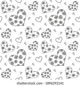 Trendy doodle hearts pattern, great design for any purposes. Hand drawn style vector. Vector drawing. Holiday gift background. White holiday texture. Vector abstract illustration.