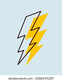 Trendy doodle icon. Abstract linear sticker with lightning. Storm or thunder. Energy or electricity symbol. Freehand matisse art style. Cartoon flat vector illustration on blue background