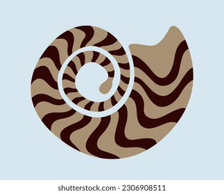 Trendy doodle icon. Abstract unusual sticker with spiral sea shell, snail or clam. Marine or aquatic life. Freehand matisse art style. Cartoon flat vector illustration on blue background