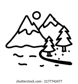 Trendy doodle icon of hills riverside

