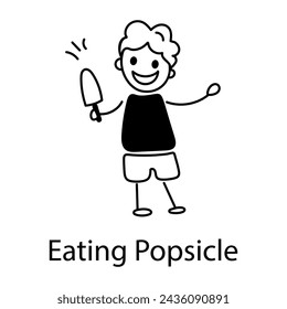 Trendy doodle icon of a kid eating popsicle 