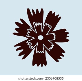 Trendy doodle icon. Simple abstract silhouette of flowering plant with petals. Beautiful wild flower or blooming daisy. Freehand matisse art style. Cartoon flat vector illustration on blue background