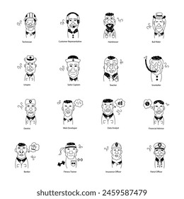 Trendy Doodle Icons Depicting Funny People 

