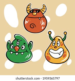 Trendy doodle illustration with funny monster sticker set on yellow background. Monsters icon set vector. Cute funny characters. Vector illustration design. Trendy vector illustration.